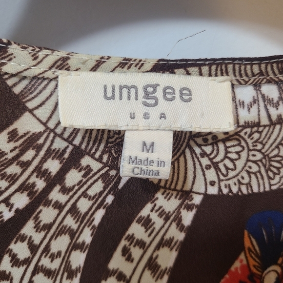 *SOLD* Umgee USA Peasant Dress Medium Womens Brown Cream Feather Tribal - Picture 3 of 7